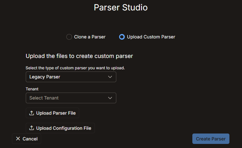 Select the image to expand and collapse it. Screen capture of the "Upload Custom Parser" option in Parser Studio for Legacy Parser (EAP)